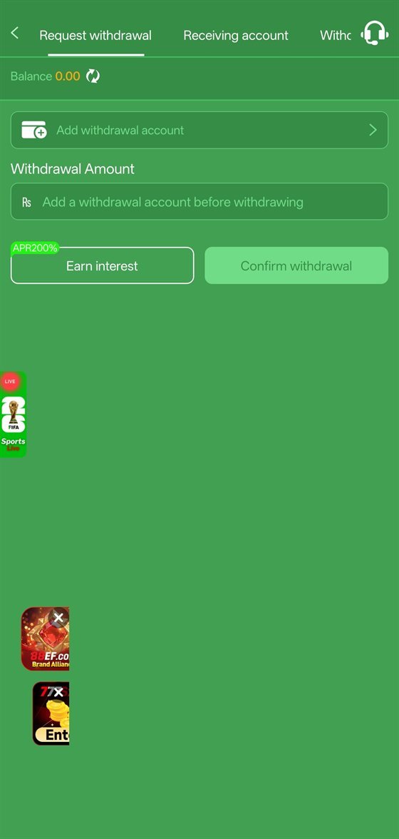777cX app withdrawal request screen on Android