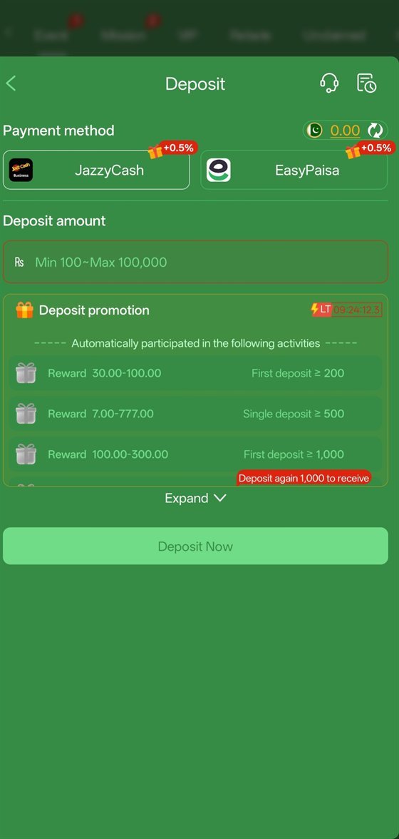 777cX deposit screen showing JazzCash and EasyPaisa payment methods